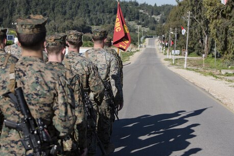 U.S. Marines with Black Sea Rotational Force march in formation during Exercise Juniper Cobra in Israel, Feb. 13, 2016. JC is a combined Israeli-U.S. exercise designed to improve interoperability between the two countries' armed forces. (U.S. Marine Corps photo by Cpl. Kelly L. Street, 2D MARDIV COMCAM/Released)