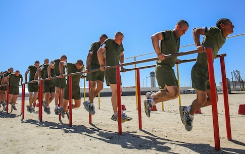 Recruits of Charlie Company, 1st Recruit Training Battalion, conduct dips during a strength and endurance course at Marine Corps Recruit Depot San Diego, April 20. The course focuses on the individual efforts of the recruits and is designed to help them achieve a higher level of fitness. Annually, more than 17,000 males recruited from the Western Recruiting Region are trained at MCRD San Diego. Charlie Company is scheduled to May 20.