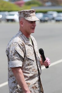 MARINE CORPS BASE, CAMP PENDLETON,Calif. – Col. James P. Fallon, commanding officer of the 15th Marine Expeditionary Unit, makes remarks to an audience during a change of command ceremony on Camp Pendleton April 22, 2016. During the ceremony Col. Vance L. Cryer, the  previous commanding officer of the 15th MEU for nearly two years, relinquished command of the unit to Fallon, who previously was the MEU’s executive officer. (Marine Corps photo by Cpl. Jonathan Boynes/Released)