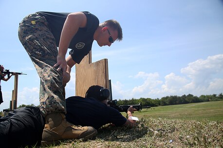 Kartik Varma, an educator from Vanderbilt High School, fires down range at the firing range aboard Marine Corps Recruit Depot Parris Island, S.C., April 27, 2016. The teachers, coaches, and principals of Recruiting Stations Baton Rouge and Nashville participate in a three-day workshop designed to inform educators about military service and life in the Marine Corps. (Official Marine Corps photo Cpl. John-Paul Imbody)