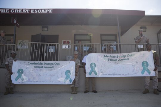 Marine volunteers hold banners up while Brig. Gen. Ted Banta, commanding general of Marine Corps Base Camp Pendleton and Marine Corps Installations West (upper right), speaks before the start of the 2016 Sexual Assault Prevention and Response Walk aboard Marine Corps Air Station Miramar, Calif., April 22. The walk promoted awareness on sexual assault and how to stop it. (U.S. Marine Corps photo by Sgt. Michael Thorn/Released)