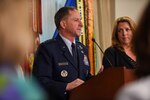 Air Force Vice Chief of Staff Gen. David L. Goldfein delivers remarks at a Pentagon ceremony April 29, 2016, following the announcement of his nomination as the next Air Force chief of staff. Air Force Secretary Deborah Lee James, right, participated in the event. DoD photo by Army Sgt. 1st Class Clydell Kinchen