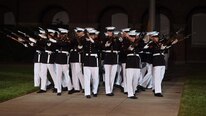 the U.S. Marine Corps ceremonial bands and drill team perform for public viewing, August 26, 2016. The guest of honor for the event was Secretary of Defense Ash Carter. 