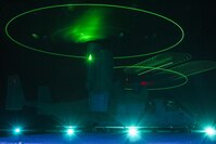 An MV-22B Osprey with Marine Medium Tiltrotor Squadron 262 (Reinforced), idles atop the flight-deck of the USS Bonhomme Richard, as a separate MV-22B approaches to land during night qualifications at sea, Aug. 26, 2016. The 31st MEU is the Marine Corps’ only continuously forward-deployed Marine Air-Ground Task Force, and combines air-ground-logistics into a single team capable of addressing a range of military operations in the Asia-Pacific region – from force projection and maritime security to humanitarian assistance and disaster relief in cooperation with host countries and partner militaries.