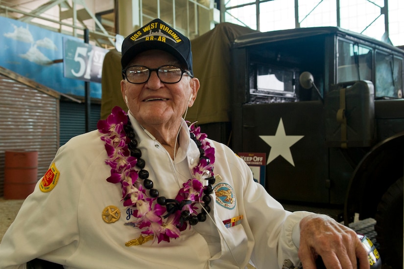 Pearl Harbor survivor and retired Navy Lt. Jim Downing attends a screening of the "Remember Pearl Harbor" documentary at the Pacific Aviation Museum at Pearl Harbor, Hawaii, Dec. 4, 2016. Downing, who was among the guests of honor at the event, journeyed to Pearl Harbor to take part in events marking 75 years since the surprise Japanese attack. DoD photo by Lisa Ferdinando