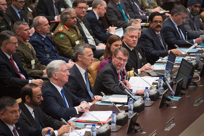 Defense Secretary Ash Carter addresses efforts to accelerate the counter-ISIL operation in Iraq and Syria during a meeting he hosted in Brussels, Feb. 11, 2016. During his trip, Carter also attended a NATO defense ministers meeting. DoD photo by Air Force Senior Master Sgt. Adrian Cadiz