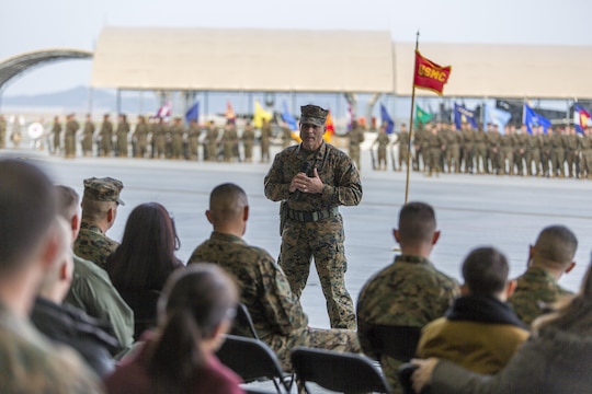 Sgt. Maj. Miguel A. Ortega, newly appointed Marine Aircraft Group 12 sergeant major, speaks to the audience during his relief and appointment ceremony at the Marine Corps Air Station Iwakuni, Japan, Feb. 5, 2016. This ceremony symbolizes the end of Sgt. Maj. Sergio MartinezRuiz’s tour after assuming the role of MAG-12’s sergeant major in May of 2014.