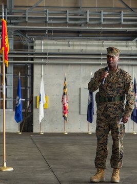 Sgt. Maj. Darnell Richardson, outbound Marine Aviation Logistics Squadron 12 sergeant major, addresses the audience during his relief and appointment ceremony at Marine Corps Air Station Iwakuni, Japan, Feb. 12, 2016. This ceremony symbolizes the end of Richardson’s role as MALS-12 sergeant major after assuming the role in June 2014.