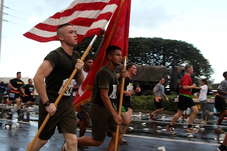 U.S. Marines from U.S. Marine Corps Forces, Pacific and Marine Corps Base Hawaii run in the Great Aloha Run in Pearl Harbor, Hawaii Feb. 15, 2016.  The Great Aloha Run is an annual charity event with more than 30,000 participants and 6,000 military service members. Marines participated in the Sounds of Freedom portion of the race, where they ran in memory of the fallen Marines from Marine Heavy Helicopter Squadron 463. 