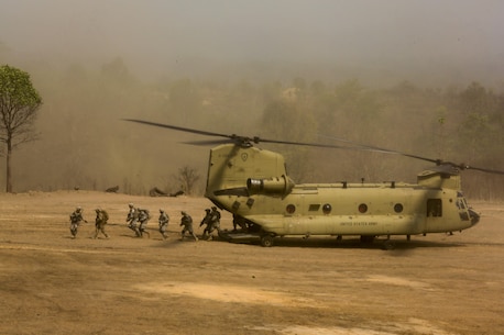 A U.S. Army CH-47 Chinook is used to transport Soldiers during a combined arms live fire exercise at Ban Chan Khrem, Thailand, during exercise Cobra Gold, Feb. 19, 2016. Cobra Gold is a multinational training exercise developed to strengthen security and interoperability between the Kingdom of Thailand, the U.S. and other participating nations. (U.S. Marine Corps Combat Camera photo by Lance Cpl. Eryn L. Edelman/Released)