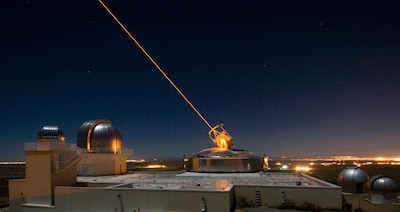 The Sodium Guidestar at the Air Force Research Laboratory Directed Energy Directorate's Starfire Optical Range. Researchers with AFRL use the Guidestar laser for real-time, high-fidelity tracking and imaging of satellites too faint for conventional adaptive optical imaging systems. The range’s world-class adaptive optics telescope is the second largest telescope in the Defense Department. Air Force photo