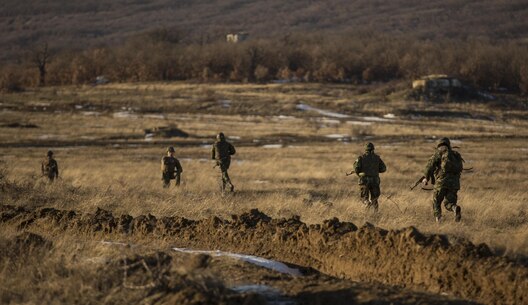 Marines with the Combined Arms Company, Black Sea Rotational Force and Romanian Forces rehearse an Anti-Personnel Obstacle Breaching System breach during Platinum Lion 16-2 at Novo Selo Training Area, Bulgaria, Jan. 8, 2016. An APOBS breach is used to clear a foot path through a wire, or mine field, obstacle for personnel. Exercise Platinum Lion provides combined training with NATO Allies and partners, demonstrating our commitment to promoting a peaceful and stable Europe through theatre security cooperation engagements. (U.S. Marine Corps Photo by Cpl. Justin T. Updegraff/ Released)