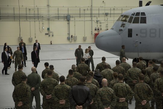 Ambassador Caroline Bouvier Kennedy, U.S. ambassador to Japan, speaks to Marines with Marine Aerial Refueler Transport Squadron 152 (VMGR-152) at Marine Corps Air Station Iwakuni, Japan, Jan. 28, 2016. This is Ambassador Kennedy’s first official visit to MCAS Iwakuni. While at the squadron’s hangar, Kennedy viewed a KC-130J Super Hercules, gaining an understanding on the multiple capabilities of the aircraft in the Pacific theater. This visit also helped the ambassador better understand MCAS Iwakuni’s community and witness the ongoing transformation of the air station through the multitude of construction projects.