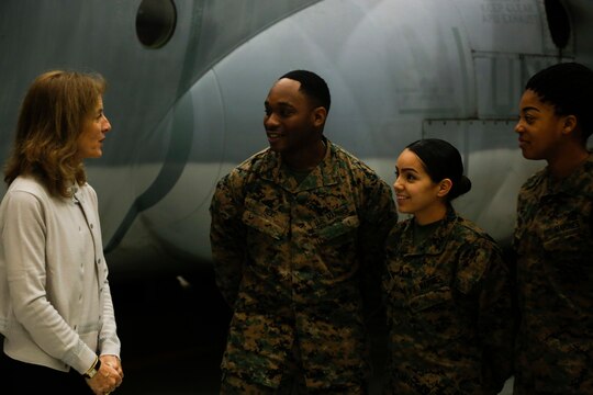 Ambassador Caroline Bouvier Kennedy, U.S. ambassador to Japan, speaks to Marines with Marine Aerial Refueler Transport Squadron 152 (VMGR-152) at Marine Corps Air Station Iwakuni, Japan, Jan. 28, 2016. This is Ambassador Kennedy’s first official visit to MCAS Iwakuni. While at the squadron’s hangar, Kennedy viewed a KC-130J Super Hercules, gaining an understanding on the multiple capabilities of the aircraft in the Pacific theater. This visit also helped the ambassador better understand MCAS Iwakuni’s community and witness the ongoing transformation of the air station through the multitude of construction projects.
