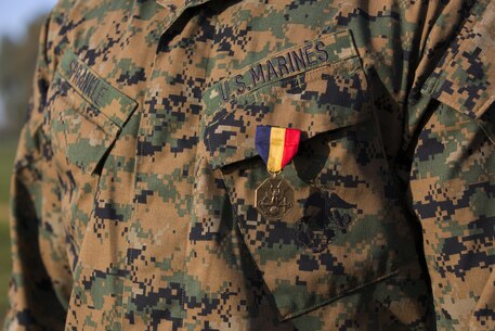 U.S. Marine Corps Sgt. Matthew A. Sprankle is awarded the Navy and Marine Corps Medal after saving a Senegalese man from drowning last August aboard Morón Air Base, Spain, Jan. 26, 2016.The award is the highest non-combative decoration for heroism awarded by the U.S. Department of the Navy.  (U.S. Marine Corps photo by Sgt. Kassie L. McDole/Released)