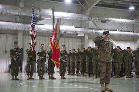 Marines with 3rd Battalion, 8th Marines salute the colors during the transfer-of-authority ceremony aboard Mihail Kognalniceanu Air Base, Romania, Jan. 22, 2016. The rotational force of Marines and sailors gives U.S. European Command the continuous capability to integrate with NATO and partner nations in Eastern Europe. (U.S. Marine Corps photo by Cpl. Immanuel M. Johnson/Released)
