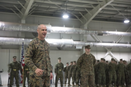 Lieutenant Col. Kemper Jones, commanding officer for 3rd Battalion, 8th Marines speaks during the transfer-of-authority ceremony aboard Mihail Kognalniceanu Air Base, Romania, Jan. 22, 2016. The rotational force of Marines and sailors gives U.S. European Command the continuous capability to integrate with NATO and partner nations in Eastern Europe. (U.S. Marine Corps photo by Cpl. Immanuel M. Johnson/Released)