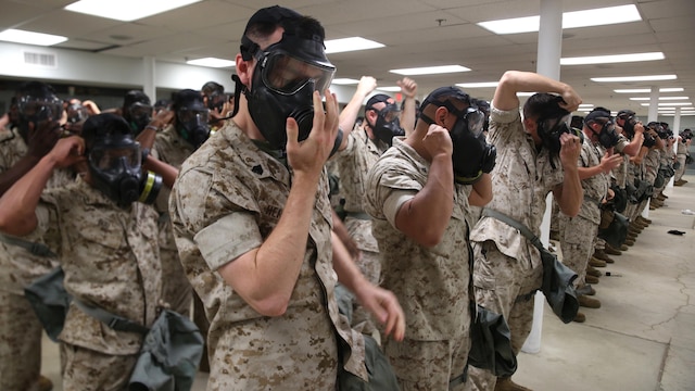 Marines and Sailors with Chemical Biological Incident Response Force unit participated in an all hands on gas mask drill on June 7. 2016. at the Naval Support Facility Indian Head, Md.
