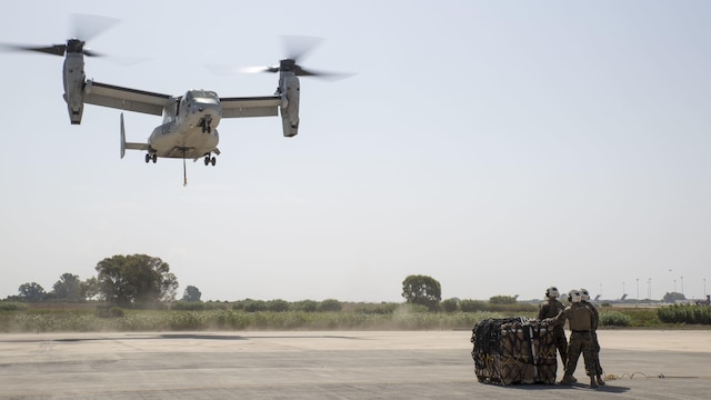 Landing support specialists with Combat Logistics Battalion 2, Special Purpose Marine Air-Ground Task Force-Crisis Response-Africa, await the arrival of an MV-22B Osprey during a helicopter support team exercise at Naval Station Rota, Spain, July 6, 2016.