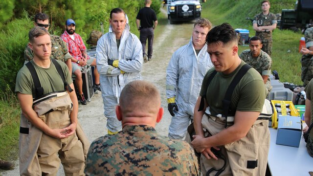 Marines with Marine Corps Air Station Cherry Point’s Explosive Ordnance Disposal and 2nd Marine Aircraft Wing’s Chemical, Biological, Radiological and Nuclear Defense receive a brief during a training exercise at MCAS Cherry Point, N.C., July 12, 2016. The training further refined the interoperability between EOD and CBRN.