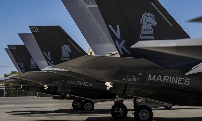 F-35Bs, assigned to the 3rd Marine Aircraft Wing, Marine Corps Air Station Yuma, Az., sit on the flightline during Red Flag 16-3 at Nellis Air Force Base, Nev., July 12, 2016. This Red Flag marks the first time Marine F-35s will be participating in Red Flag. (U.S. Air Force photo by Airman 1st Class Kevin Tanenbaum)