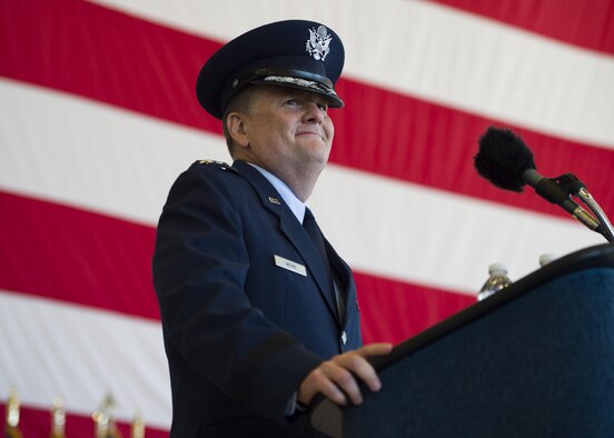 Lt. Gen. Brad Webb addresses the assembled air commandos and guests July 19, 2016, as the newly installed commander of Air Force Special Operations Command. Webb returns to Hurlburt Field, Fla., as the 11th AFSOC commander, where he previously served as a squadron, wing and numbered air force commander. (U.S. Air Force photo/Senior Airman Krystal Garrett)