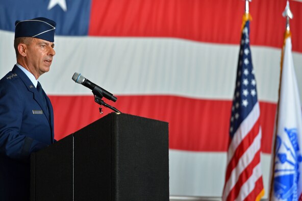 U.S. Air Force Lt. Gen. Jeffrey L. Harrigian, U.S. Air Forces Central Command commander, speaks during the AFCENT change of command ceremony at Shaw Air Force Base, S.C., July 22, 2016. Harrigian thanked everyone who helped him throughout his career and expressed how he was looking to carry on the organization’s tradition of excellence. (U.S. Air Force photo by Airman 1st Class Christopher Maldonado/Released)
