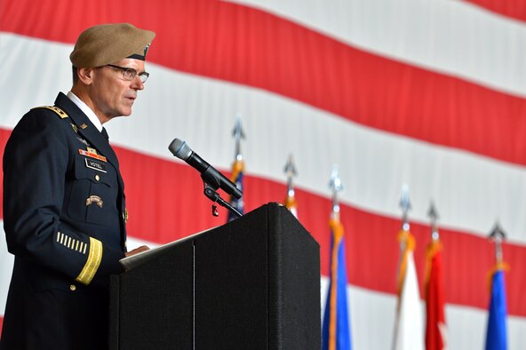 U.S. Army Gen. Joseph L. Votel, U.S. Central Command commander, speaks during the USAFCENT change of command ceremony at Shaw Air Force Base, S.C., July 22, 2016. Votel welcomed U.S. Air Force Lt. Gen. Jeffrey L. Harrigian, U.S. Air Forces Central Command commander, and his family to AFCENT. (U.S. Air Force photo by Airman 1st Class Christopher Maldonado/Released)