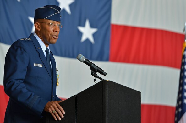 U.S. Air Force Lt. Gen. Charles Q. Brown Jr., U.S. Air Forces Central Command outgoing commander, speaks during the AFCENT change of command ceremony at Shaw Air Force Base, S.C., July 22, 2016. More than 300 service members and community leaders attended the ceremony to bid farewell to Brown and his family and welcome the new commander, Lt. Gen. Jeffrey Harrigian. (U.S. Air Force photo by Airman 1st Class Christopher Maldonado/Released)