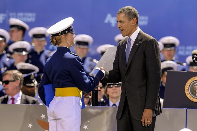President Barack Obama congratulates Air Force Cadet 1st Class Riley Vann during the Class of 2016 graduation at the U.S. Air Force Academy in Colorado Springs, Colo., June 2, 2016. The 821 cadets who graduated became the Air Force's newest second lieutenants. Air Force photo by Mike Kaplan