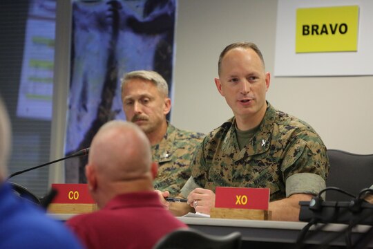 Col. Chris C. Pappas III addresses a crowd during a Voluntary Protection Program Gold status achievement ceremony at Marine Corps Air Station Cherry Point, N.C., May 27, 2016. Six departments were among the first to achieve Gold status within MCAS Cherry Point VPP. Gold status is achieved when all safety protocols implemented by the VPP are completed and maintained. Some of those requirements involve monthly supervisor inspections, achieving 90-percent medical surveillance or higher, completing VPP passports and completing Occupational Safety and Health Administration training. Pappas is the air station commanding officer. (U.S. Marine Corps photo by Cpl. N.W. Huertas/ Released) 