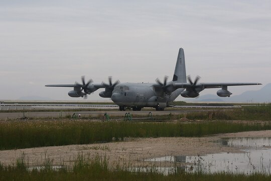 A KC-130J Super Hercules moves down taxiway Charlie at Marine Corps Air Station Iwakuni, Japan, after providing a combat off-load of pallets suspected of radiological contamination during exercise Habu Sentinel 16, June 6, 2016. Marine Aerial Refueler Transport Squadron (VMGR) 152, stationed at MCAS Iwakuni, assisted in this scenario for the exercise so U.S. Marines from 3rd Marine Division, Chemical, Biological, Radiological and Nuclear defense platoon, Headquarters Battalion, III Marine Expeditionary Force, could appropriately respond to the situation and practice reacting to possible real-world operations. As the annual capstone exercise for the division’s response element, this event encompasses multiple objectives specific to CBRN response and validates unit standard operating procedures in an unfamiliar training environment. (U.S. Marine Corps photo by Sgt. Jessica Quezada/Released)