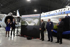 DAYTON, Ohio -- The fourth building grand opening ceremony for the new 224,000 square foot building was held on June 7, 2016 at the National Museum of the U.S. Air Force. (From left to right) Secretary of the Air Force Deborah Lee James, Congressman Mike Turner, Air Force Museum Foundation, Inc. Chairman, Board of Trustees, Philip L. Soucy, Chief of Staff of the U.S. Air Force Gen. Mark A. Welsh III, and the Director of the National Museum of the U.S. Air Force, Lt. Gen.(Ret.) Jack Hudson. (U.S Air Force photo by Scott Ash)