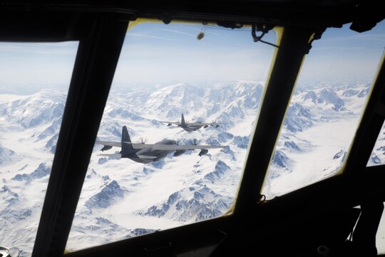 A detachment of KC-130J Super Hercules aircraft from Marine Aerial Refueler Transport Squadron 152, homestationed at Marine Corps Air Station Iwakuni, Japan, conduct low altitude training during exercise Kodiak Mace, May 28, 2016. The squadron trained at Joint Base Elmendorf-Richardson, Alaska, in support of exercise Kodiak Mace, which is an annual joint exercise designed to give the U.S. Marine pilots of VMGR-152 an opportunity to conduct low altitude training in an unfamiliar environment to enhance their technical skills and operational capabilities. (U.S. Marine Corps photo by Cpl. Cory Schubert/Released)
