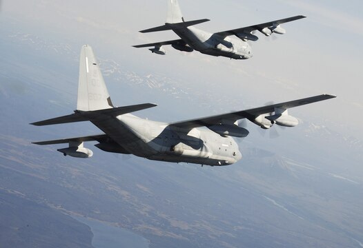 A detachment of KC-130J Super Hercules aircraft from Marine Aerial Refueler Transport Squadron 152, homestationed at Marine Corps Air Station Iwakuni, Japan, conduct low altitude training during exercise Kodiak Mace, May 28, 2016. The squadron trained at Joint Base Elmendorf-Richardson, Alaska, in support of exercise Kodiak Mace, which is an annual joint exercise designed to give the U.S. Marine pilots of VMGR-152 an opportunity to conduct low altitude training in an unfamiliar environment to enhance their technical skills and operational capabilities. (U.S. Marine Corps photo by Cpl. Cory Schubert/Released)