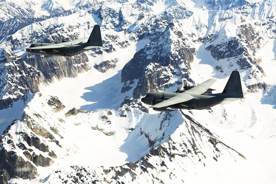 A detachment of KC-130J Super Hercules aircraft from Marine Aerial Refueler Transport Squadron 152, homestationed at Marine Corps Air Station Iwakuni, Japan, conduct low altitude training during exercise Kodiak Mace, May 28, 2016. The squadron trained at Joint Base Elmendorf-Richardson, Alaska, in support of exercise Kodiak Mace, which is an annual joint exercise designed to give the U.S. Marine pilots of VMGR-152 an opportunity to conduct low altitude training in an unfamiliar environment to enhance their technical skills and operational capabilities. (U.S. Marine Corps photo by Cpl. Cory Schubert/Released)