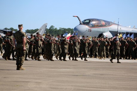 The 2nd Marine Aircraft Wing Band performs during the 2nd Marine Aircraft Wing change of command ceremony at Marine Corps Air Station Cherry Point, N.C., June 9, 2016. Maj. Gen. Gary L. Thomas relinquished his post as the 2nd MAW commanding general to Brig. Gen. Matthew G. Glavy during the ceremony. (U.S. Marine Corps photo by Cpl. N. W. Huertas/Released)