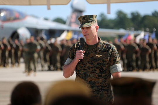 Maj. Gen. Gary L. Thomas addresses the crowd during the 2nd Marine Aircraft Wing change of command ceremony at Marine Corps Air Station Cherry Point, N.C., June 9, 2016. “To the Marines and Sailors of 2nd MAW, I would like to offer my sincere thanks and admiration to you and your families for your service and sacrifice in the defense of our nation.” Thomas relinquished his post as the 2nd MAW commanding general to Brig. Gen. Matthew G. Glavy during the ceremony. (U.S. Marine Corps photo by Cpl. N. W. Huertas/Released)