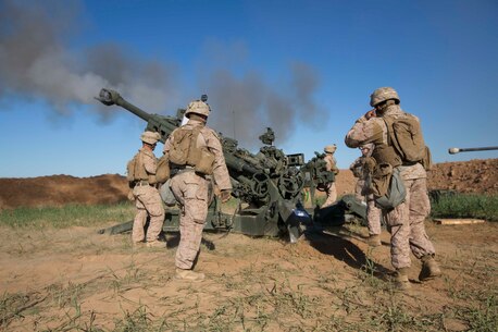 U.S. Marines with Task Force Spartan, 26th Marine Expeditionary Unit (MEU), fire a M777A2 Howitzer on an ISIS infiltration route in support of Operation Inherent Resolve, on Fire Base Bell, Iraq, March. 18, 2016. The Marines fired upon the enemy infiltration routes in order to disrupt their freedom of movement and ability to attack Kurdish and Peshmerga forces. Operation Inherent Resolve is a international U.S. led coalition military operation created as part of a comprehensive strategy to degrade and defeat the Islamic State of Iraq and the Levant, or ISIL. (U.S. Marine Corps photo by Cpl. Andre Dakis/26th MEU Combat Camera/FOUO)