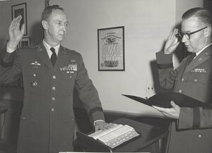 Maj. Gen. A. R. Fitch is sworn in as Assistant Chief of Staff for Intelligence by Maj. Gen. J.C. Lambert, the Adjutant General, US Army, in ceremony held at the Pentagon,  Washington, D.C., 16 October 1961

