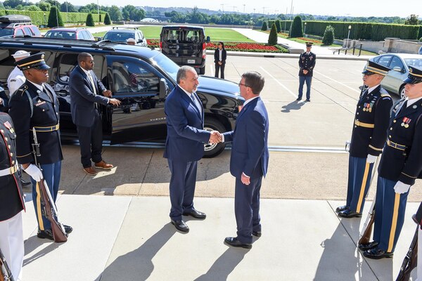 Defense Secretary Ash Carter, right, greets Israeli Defense Minister Avigdor Lieberman at the Pentagon, June 20, 2016, before a meeting to discuss the U.S.-Israel defense relationship. DoD photo by Army Sgt. 1st Class Clydell Kinchen