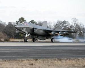 Navy Lt. Cmdr. Daniel Kitts performs the first arrestment of an F-35C Lightning II with external weapons at Naval Air Station Patuxent River, Md., Feb. 10, 2016. This week, Israel will be the first U.S. partner to receive the F-35. Navy photo by Dane Wiedmann