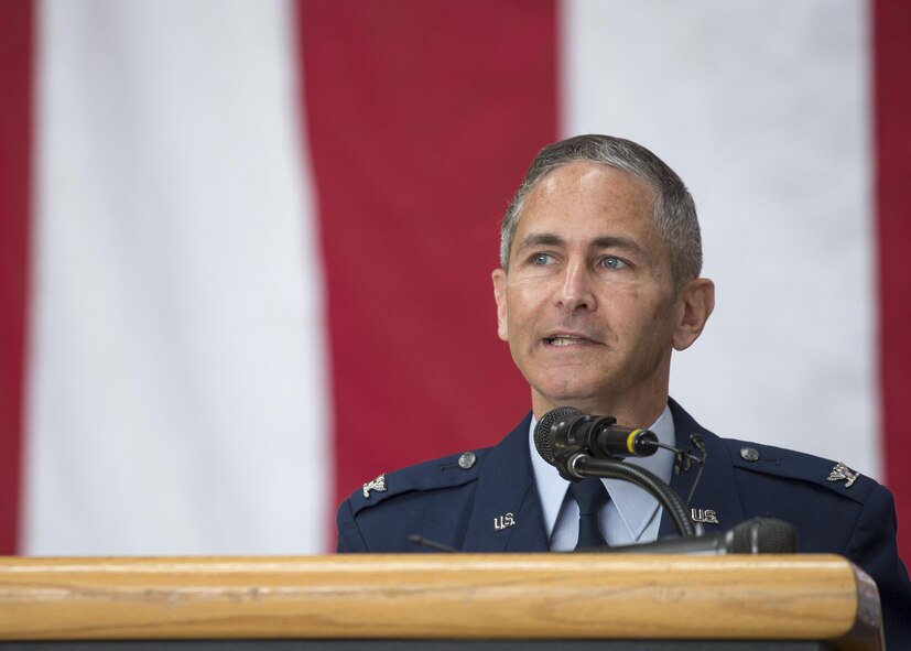 Col. Steven James, 374th Maintenance Group outgoing commander, gives his final speech during a change of command ceremony at Yokota Air Base, Japan, June 20, 2016. (U.S. Air Force photo by Yasuo Osakabe/Released) 