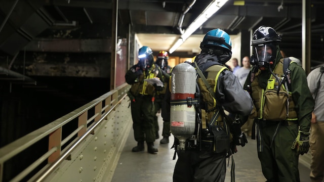 Marines and sailors with Chemical Biological Incident Response Force train alongside the Fire Department of New York for a field training exercise at the F.D.N.Y. training academy in Randall’s Island, N.Y. June 20, 2016. CBIRF is an active duty Marine Corps unit that, when directed, forward-deploys and/or responds with minimal warning to a chemical, biological, radiological, nuclear or high-yield explosive threat or event in order to assist local, state, or federal agencies and the geographic combatant commanders in the conduct of CBRNE response or consequence management operations, providing capabilities for command and control; agent detection and identification; search, rescue, and decontamination; and emergency medical care for contaminated personnel. 