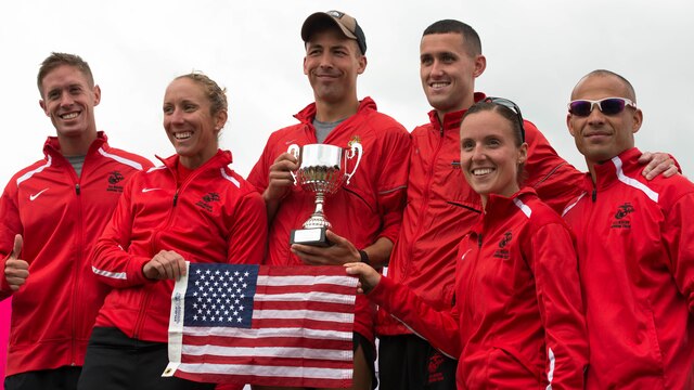 Members of the All-Marine running team pose for a picture at the end of the Torbay Half Marathon at Torbay, England, June 26, 2016. The All-Marine running team placed first in the Warriors of the Sea Challenge, a competition that has taken place between the U.S.