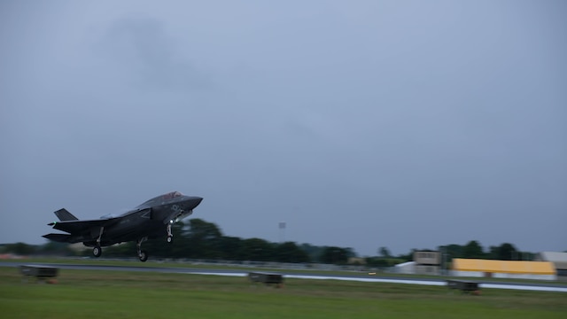 An F-35B Lightning II lands at Royal Air Force Base Fairford in the United Kingdom after the first F-35 trans-Atlantic flight, June 29, 2016. Three F-35B’s flew from Marine Corps Air Station Beaufort, South Carolina and landed at RAF Fairford in Gloucester, England. They were assisted by two KC-10’s and refueled 15 times over the Atlantic Ocean. 