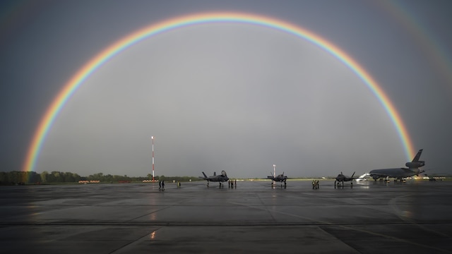 Three F-35B Lightning II's and one KC-10 Extender sit on the flightline at RAF Fairford, United Kingdom, June 29, 2016. The arrival of the fifth-generation fighters marked the first time F-35's touched down in the United Kingdom. (U.S. Air Force photo by Tech. Sgt. Jarad A. Denton/Released)
