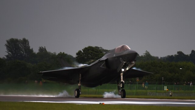 An F-35B Lightning II touches down at RAF Fairford, United Kingdom, June 29, 2016. This marks the first time an F-35B has landed on UK soil. (U.S. Air Force photo by Tech. Sgt. Jarad A. Denton/Released)
