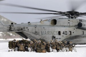 Dutch infantry deployed by a U.S. Marine Corps helicopter during exercise Cold Response 2016. 