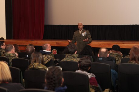 Brig. Gen. Terry V. Williams answers questions and receives feedback from participants in the Educators Workshop March 4, 2016, aboard Marine Corps Recruit Depot Parris Island, S.C. The three-day workshop will give the educators a chance to experience the day-to-day routines of recruits who go through Marine Corps bootcamp. Williams is the Commanding General of Marine Corps Recruit Depot Parris Island and Eastern Recruiting Region. (Official Marine Corps photo by Cpl. Diamond N. Peden/Released)